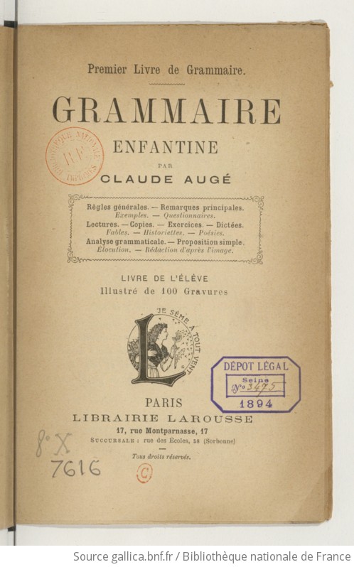 Grammaire enfantine livre de l élève Claude Augé Gallica