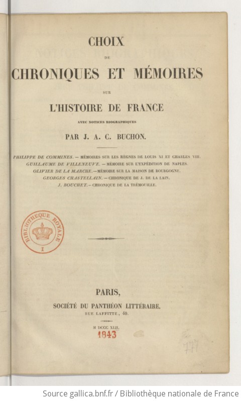 Choix De Chroniques Et M Moires Sur L Histoire De France Avec Notices