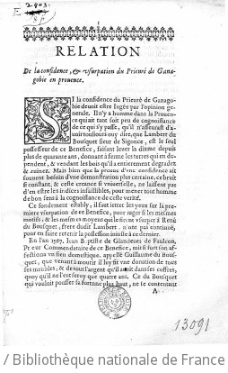 Relation de la confidence et usurpation du prieuré de Ganagobie en Provence (par Lambert Du Bousquet, sieur de Sigonce, au préjudice du sieur Gaffarel)