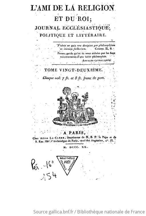 L Ami de la religion et du Roi journal ecclésiastique politique et