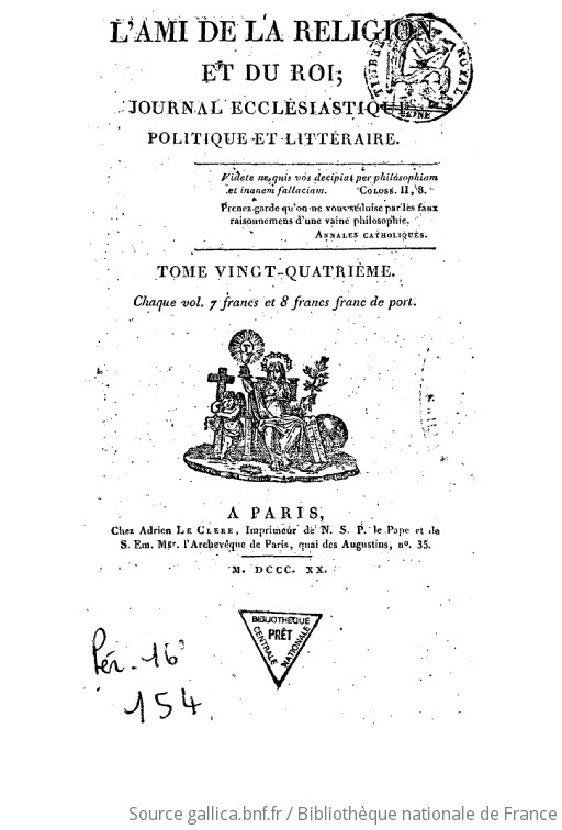 L Ami de la religion et du Roi journal ecclésiastique politique et