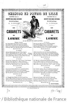 Les cabarets de Lomme : chanson en patois de Lille chantée par la Société des bons buveurs de la Clef des Champs à Lomme / signé : Ch. Decottignies