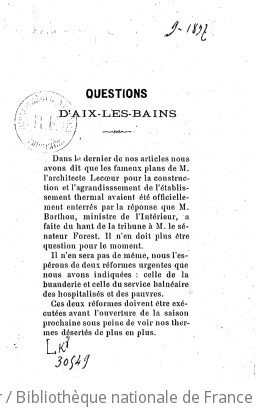 Questions d Aix-les-Bains / [signé l Ermite]
