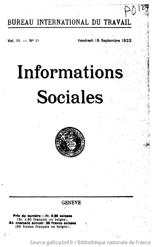 Informations Sociales Bureau International Du Travail 1922 09 15