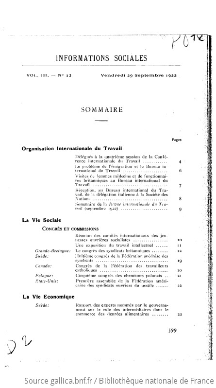 Informations Sociales Bureau International Du Travail 1922 09 29