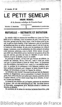 Le Petit semeur : bulletin mensuel du Patronage central de Besançon | Patronage central de Besançon. Auteur du texte