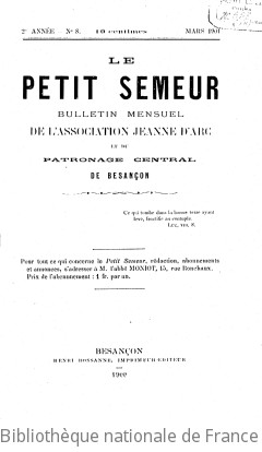 Le Petit semeur : bulletin mensuel du Patronage central de Besançon | Patronage central de Besançon. Auteur du texte