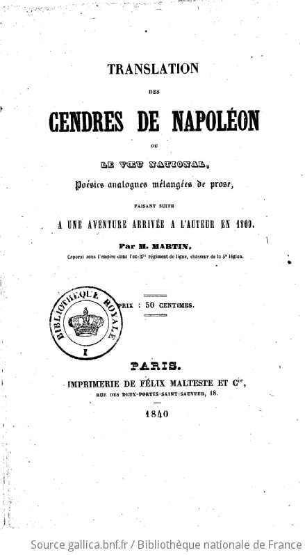 Translation des cendres de Napoléon ou Le voeu national poésies