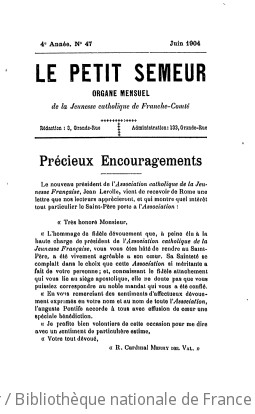 Le Petit semeur : bulletin mensuel du Patronage central de Besançon | Patronage central de Besançon. Auteur du texte