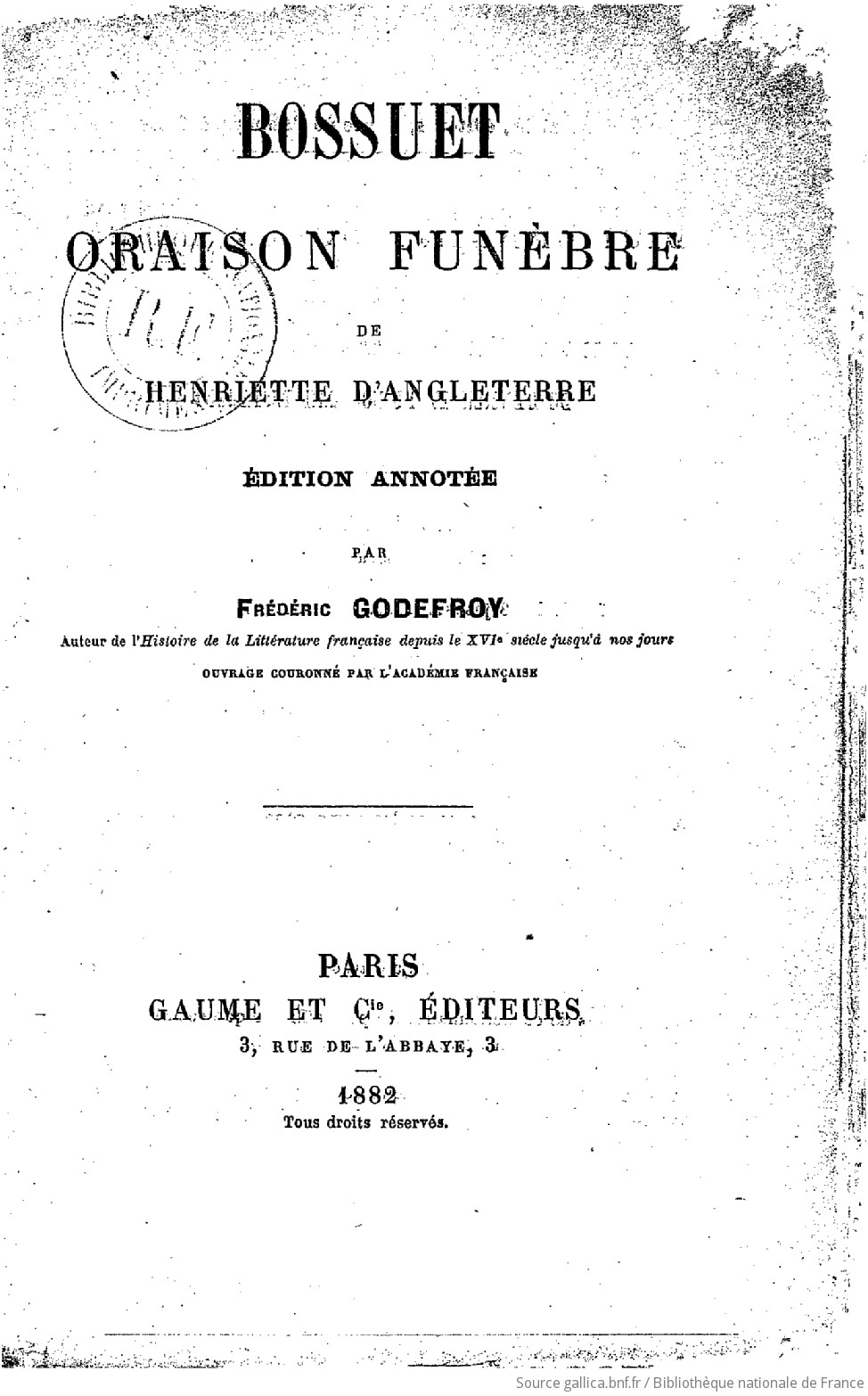 Oraison funèbre d Henriette d Angleterre Bossuet édition annotée