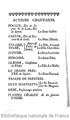 CASTOR ET POLLUX (1754) - Acteurs chantants