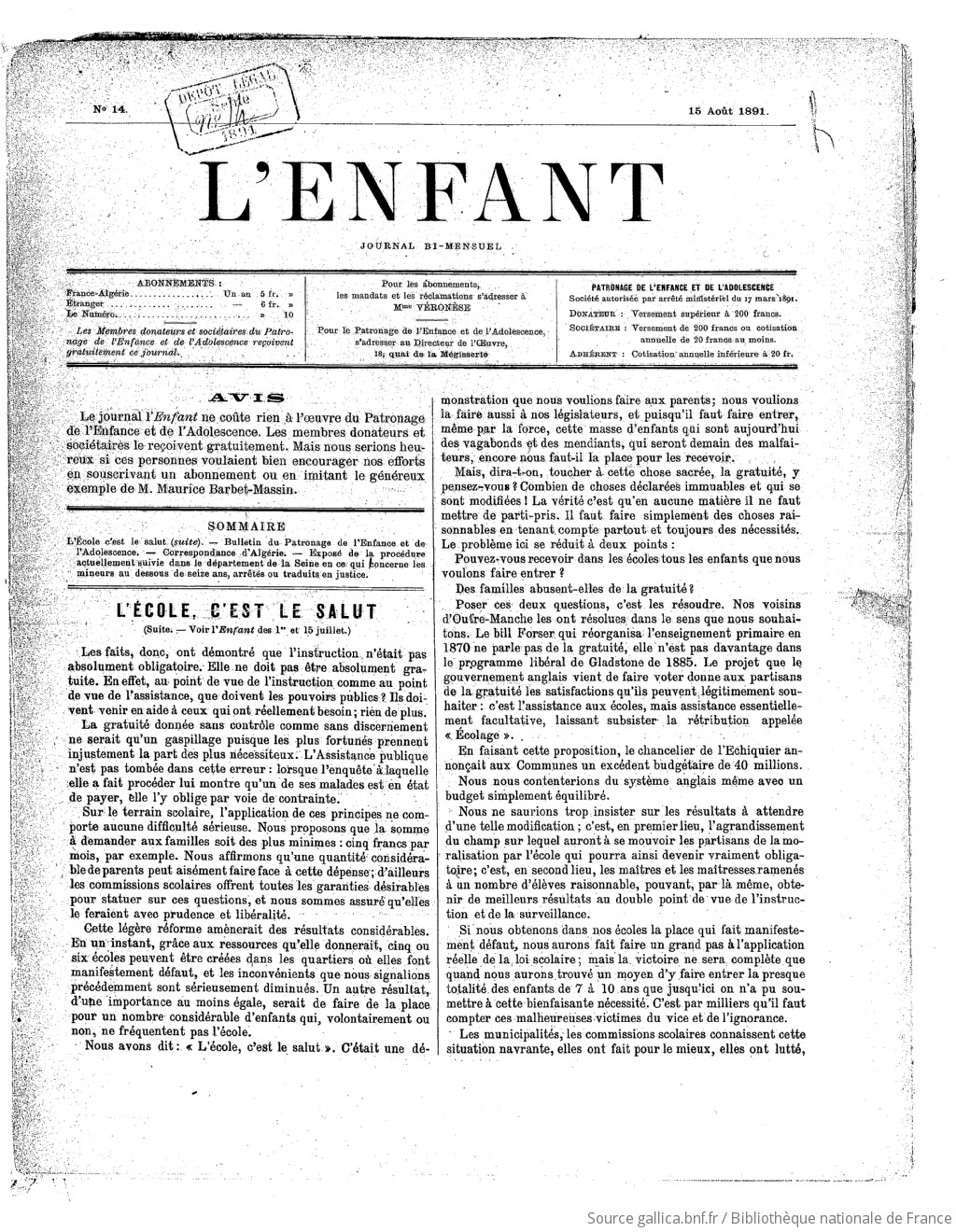 L'Enfant : organe des Sociétés protectrices de l'enfance