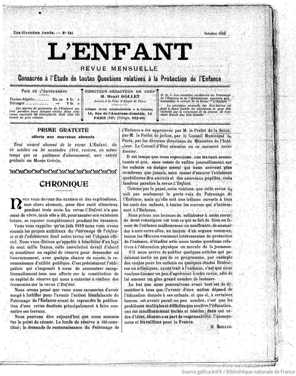 L'Enfant : organe des Sociétés protectrices de l'enfance