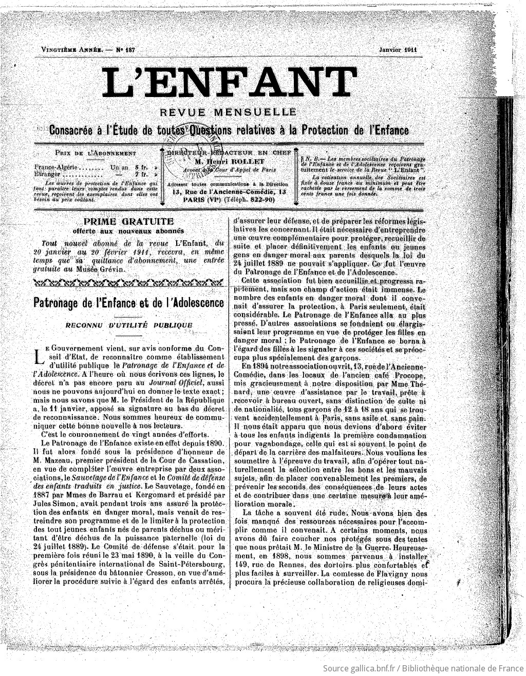 L'Enfant : organe des Sociétés protectrices de l'enfance