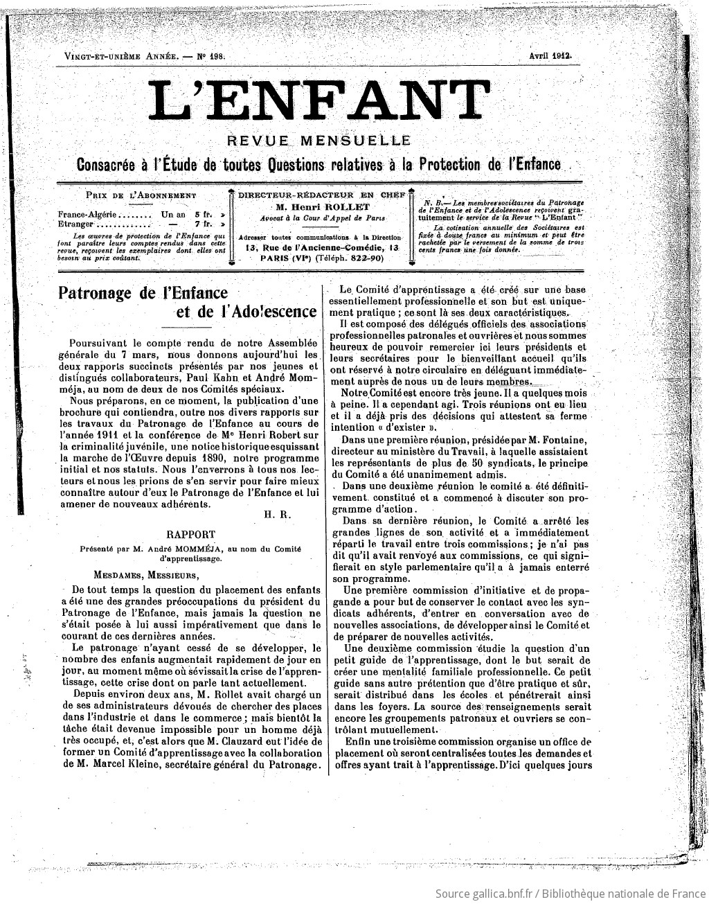 L'Enfant : organe des Sociétés protectrices de l'enfance