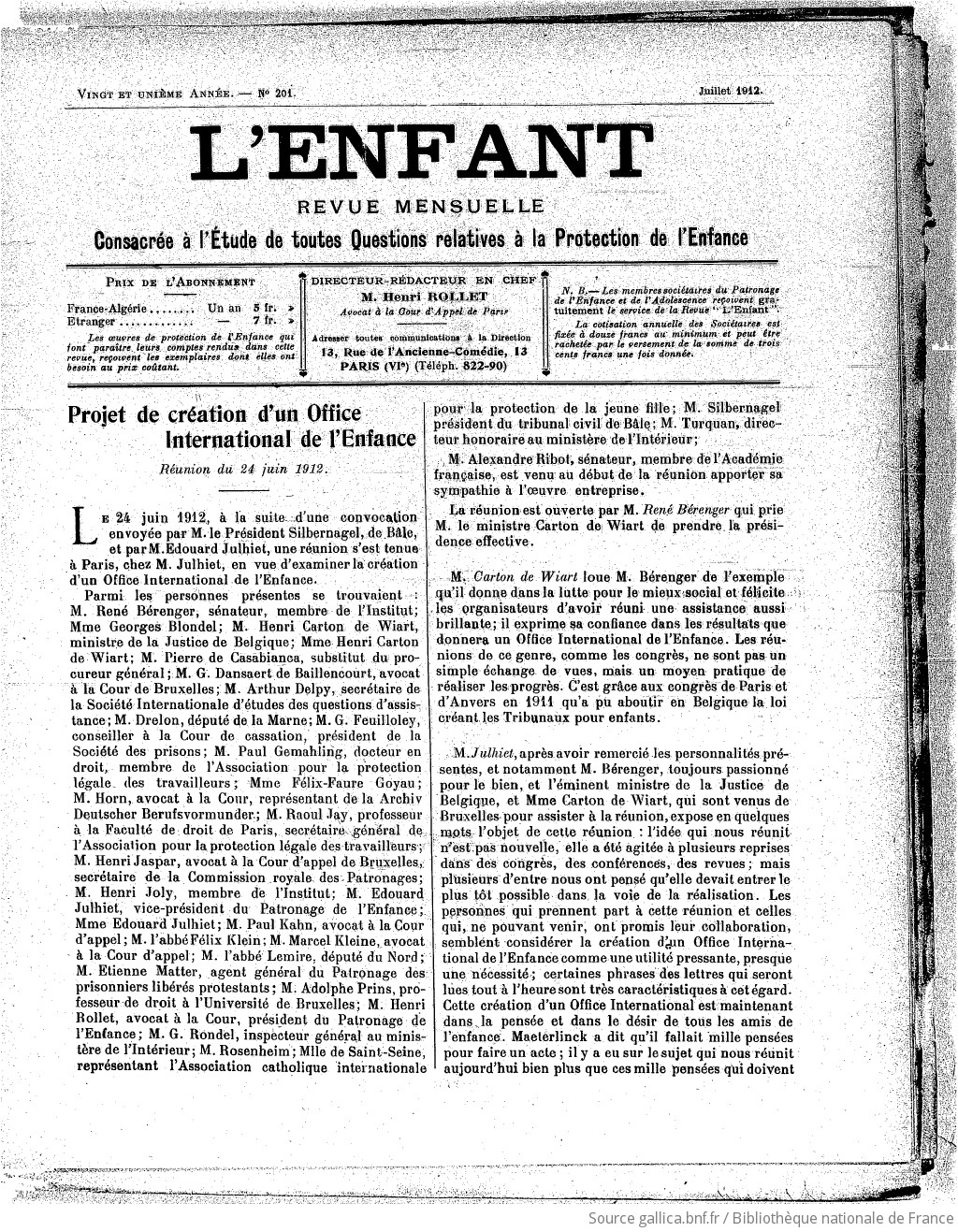 L'Enfant : organe des Sociétés protectrices de l'enfance