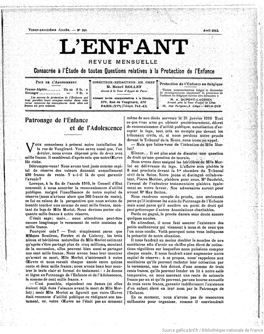 L'Enfant : organe des Sociétés protectrices de l'enfance