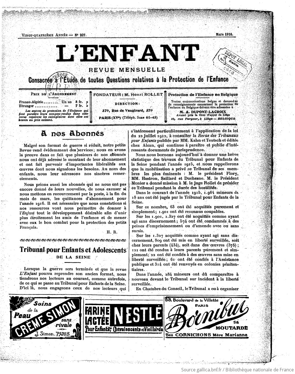 L'Enfant : organe des Sociétés protectrices de l'enfance