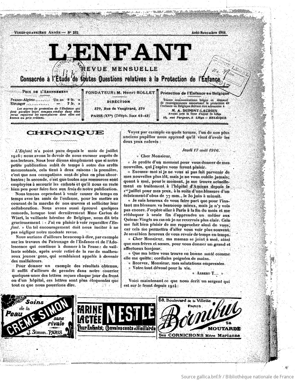 L'Enfant : organe des Sociétés protectrices de l'enfance