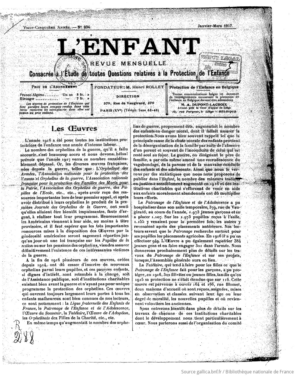 L'Enfant : organe des Sociétés protectrices de l'enfance