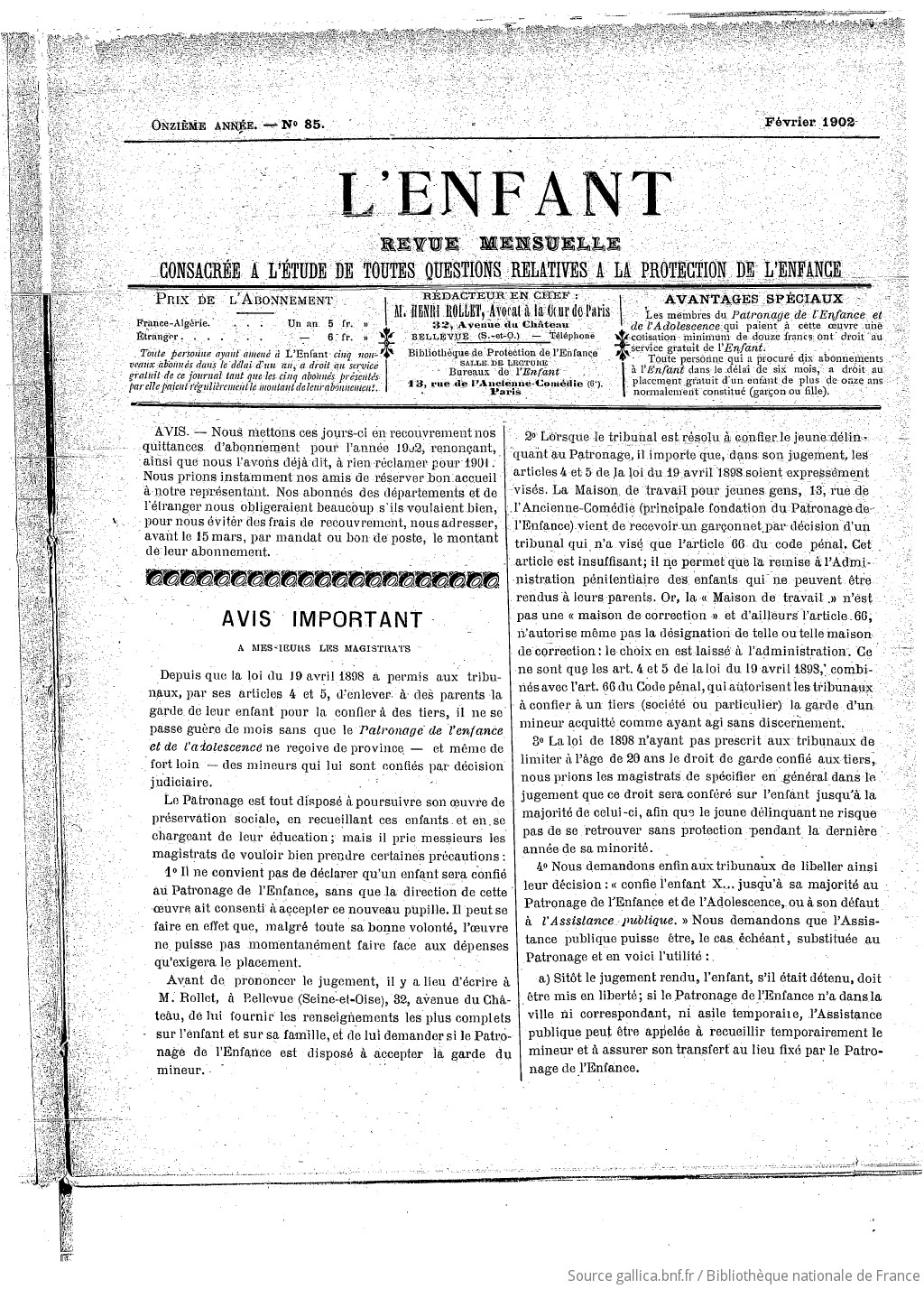 L'Enfant : organe des Sociétés protectrices de l'enfance