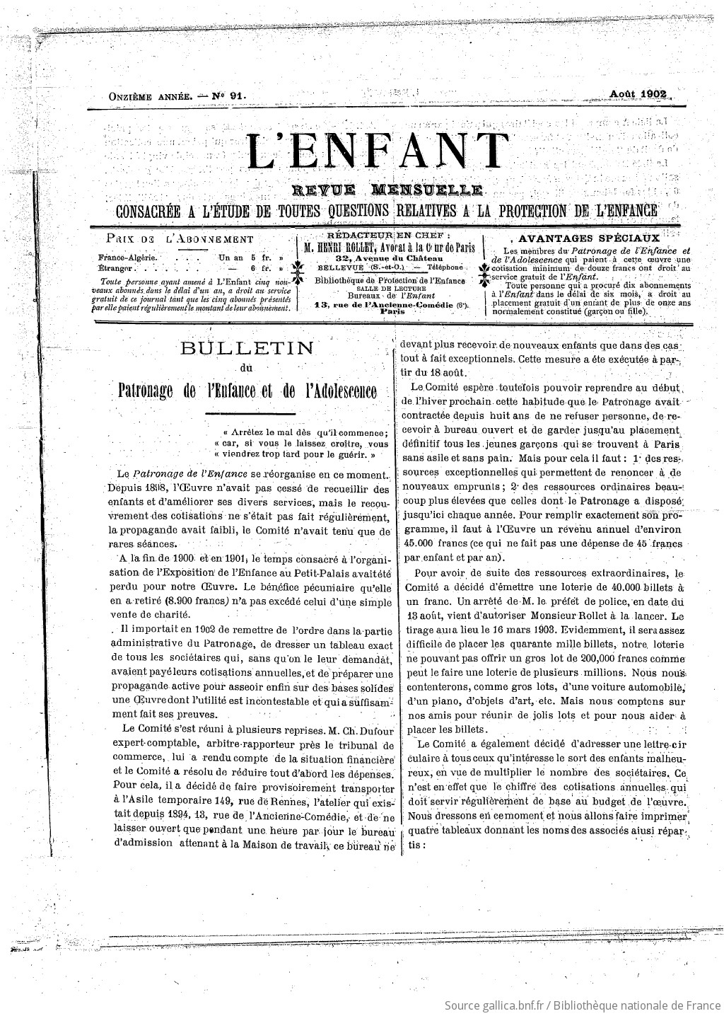 L'Enfant : organe des Sociétés protectrices de l'enfance