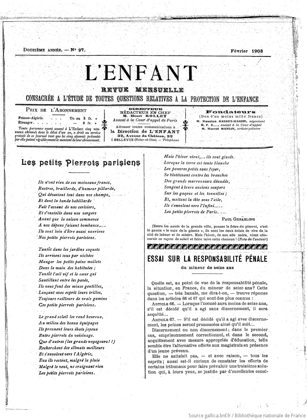 L'Enfant : organe des Sociétés protectrices de l'enfance