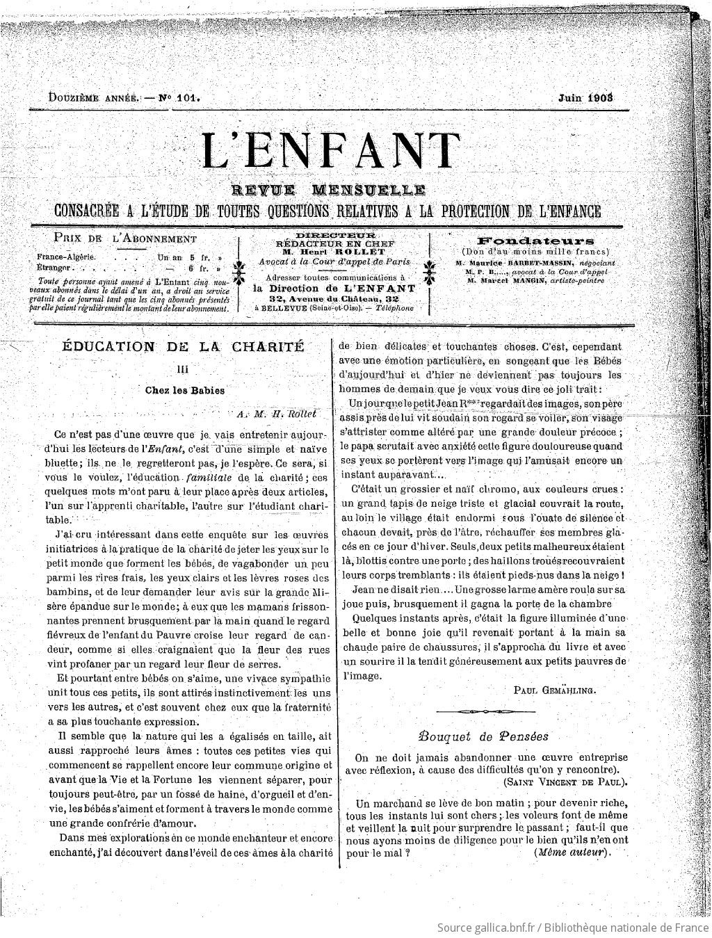 L'Enfant : organe des Sociétés protectrices de l'enfance