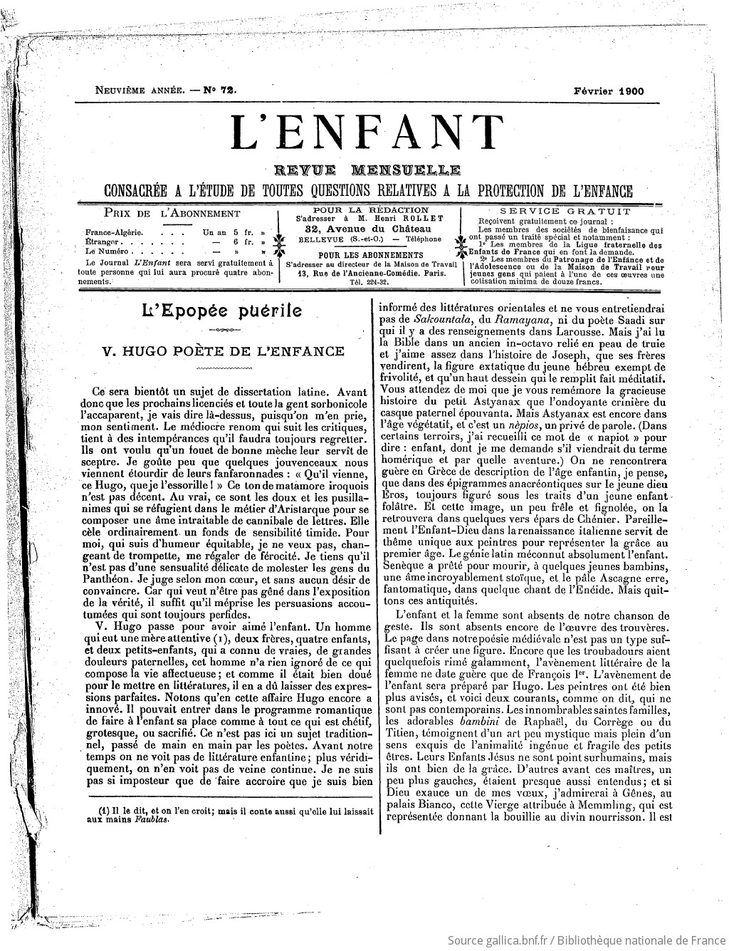 L'Enfant : organe des Sociétés protectrices de l'enfance