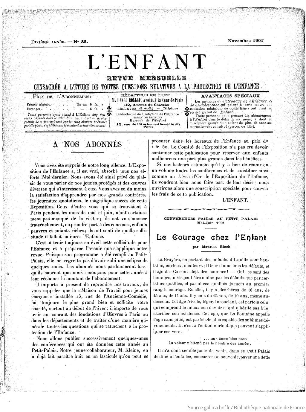 L'Enfant : organe des Sociétés protectrices de l'enfance