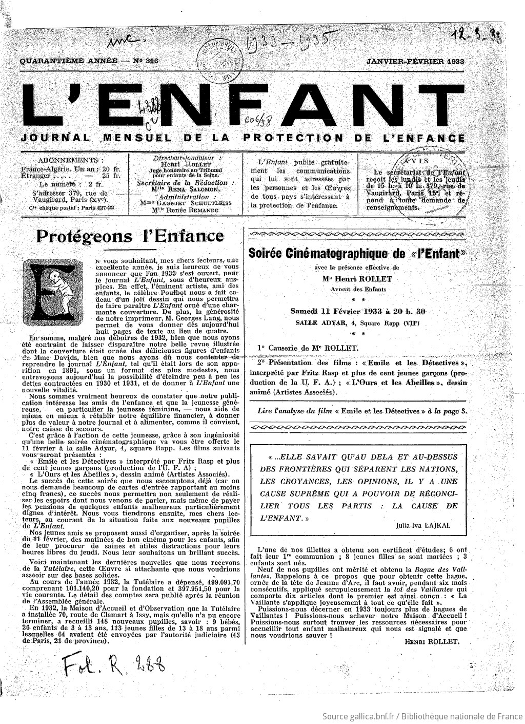 L'Enfant : organe des Sociétés protectrices de l'enfance