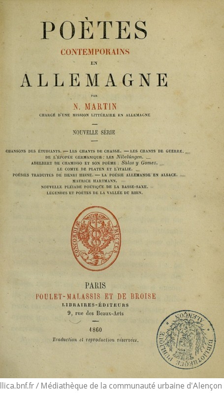 Poètes contemporains en Allemagne, par N. Martin chargé d'une mission littéraire en Allemagne