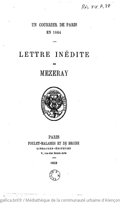 Un courrier de Paris en 1864. Lettre inédite de Mezeray. [publiée par J.-Édouard Gardet]