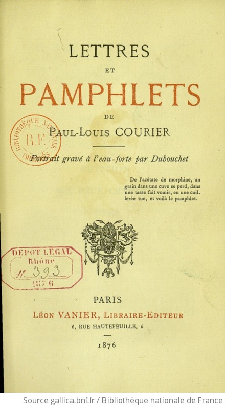 Lettres et pamphlets de Paul Louis Courier Portrait gravé à l eau