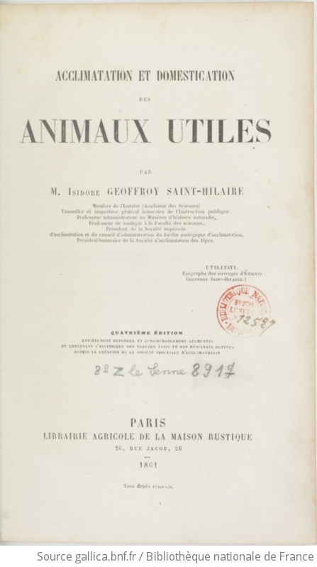 Acclimatation Et Domestication Des Animaux Utiles Me Dition