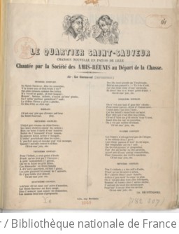 Le quartier Saint-Sauveur, chanson nouvelle en patois de Lille chantée par la Société des Amis-Réunis au départ de la chasse. (Signé : Ch. Decottignies.)
