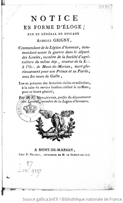 Notice en forme d éloge sur le général de brigade Achille Grigny lue