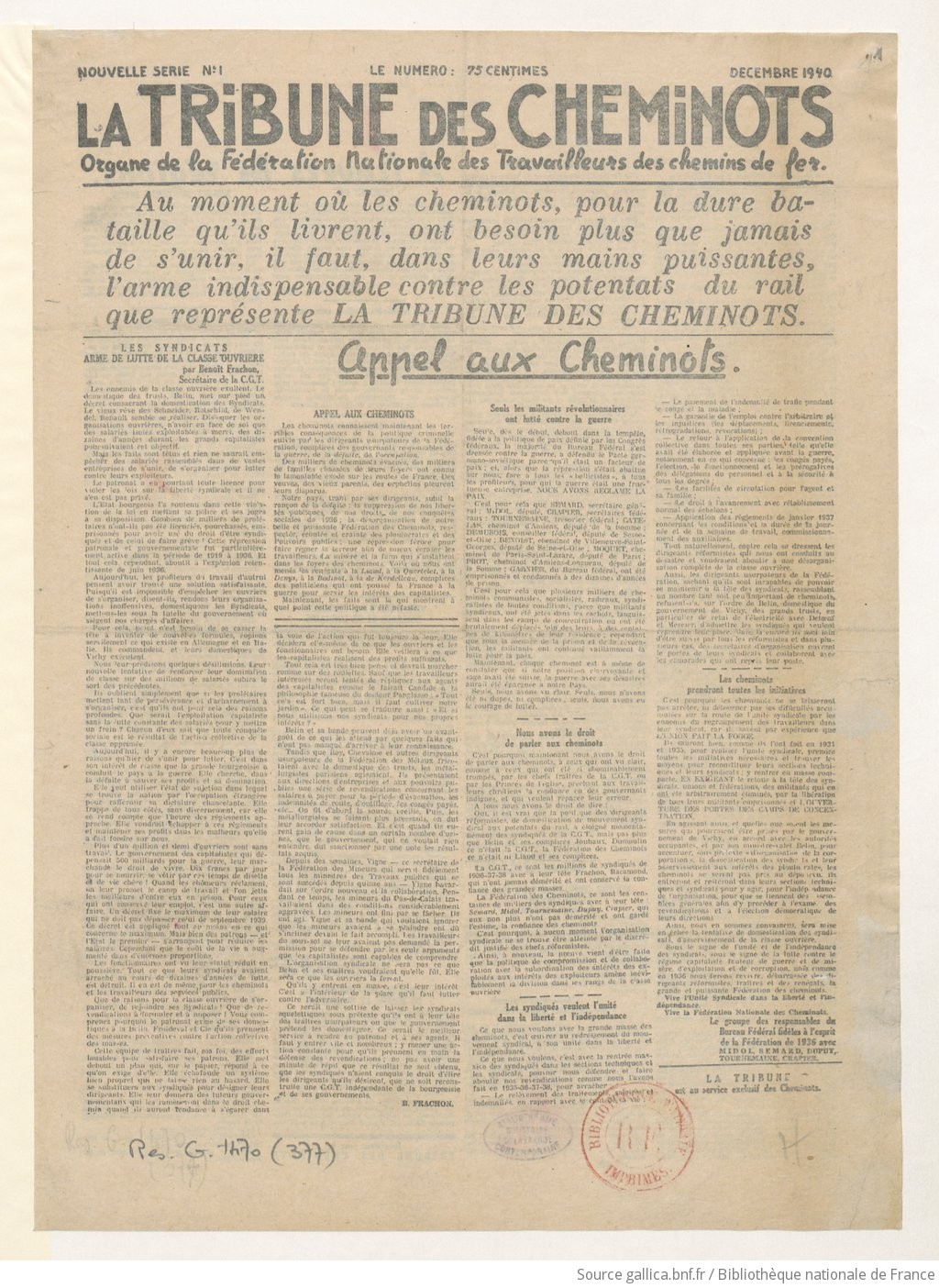 La Tribune des cheminots [clandestine], n°1, décembre 1940