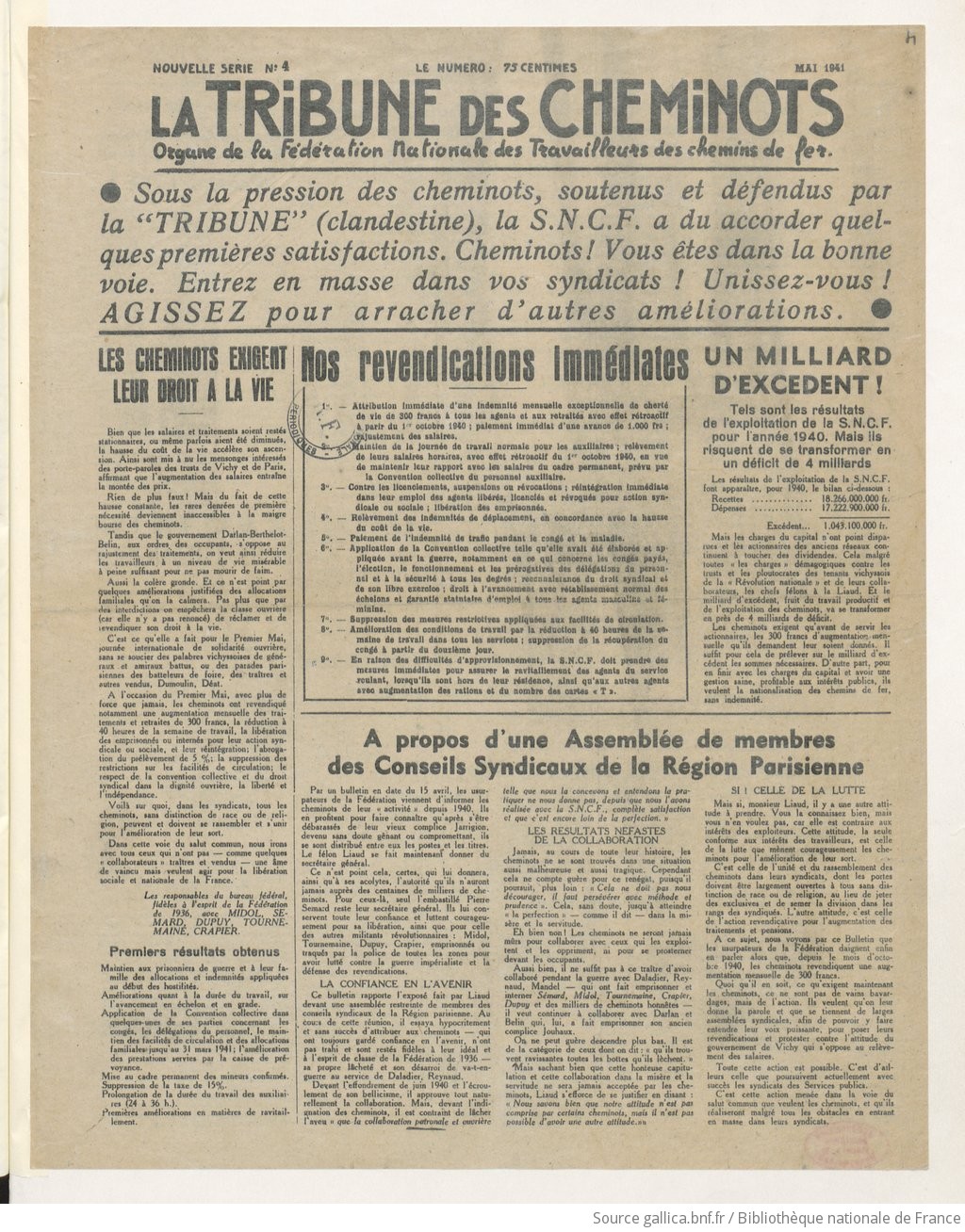 La Tribune des cheminots [clandestine], n°4, mai 1941
