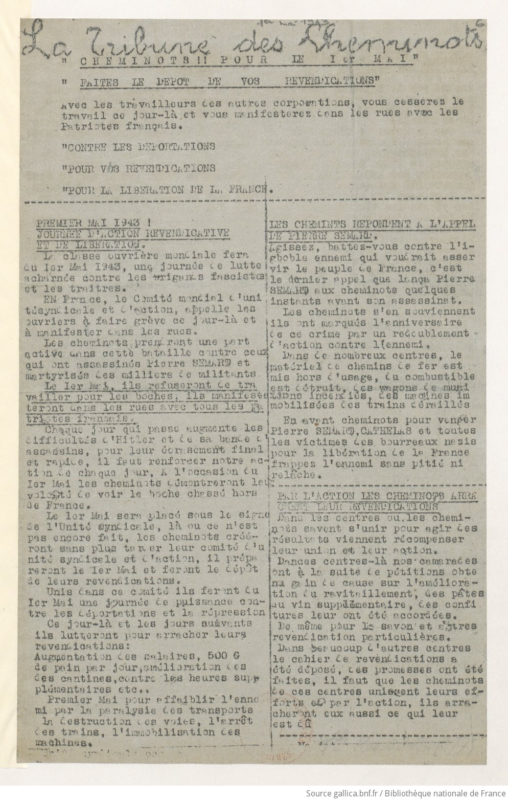 La Tribune des cheminots [clandestine], [sans numérotation], 1er mai 1943