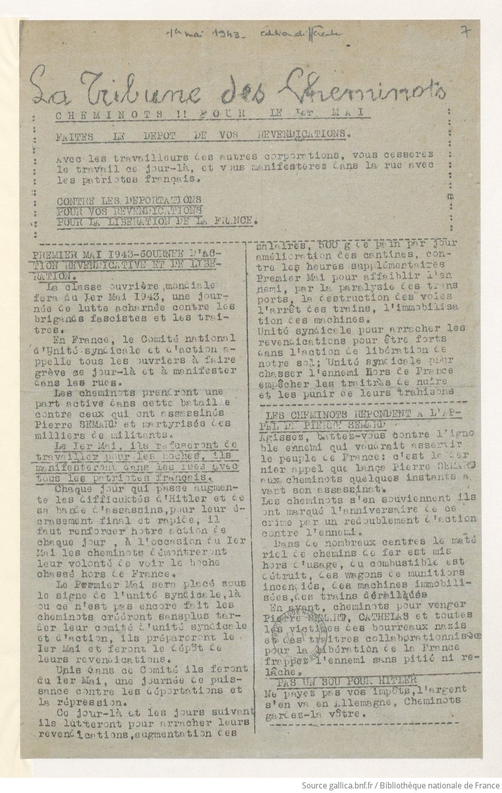 La Tribune des cheminots [clandestine], [sans numérotation], 1er mai 1943 , [édition différente]