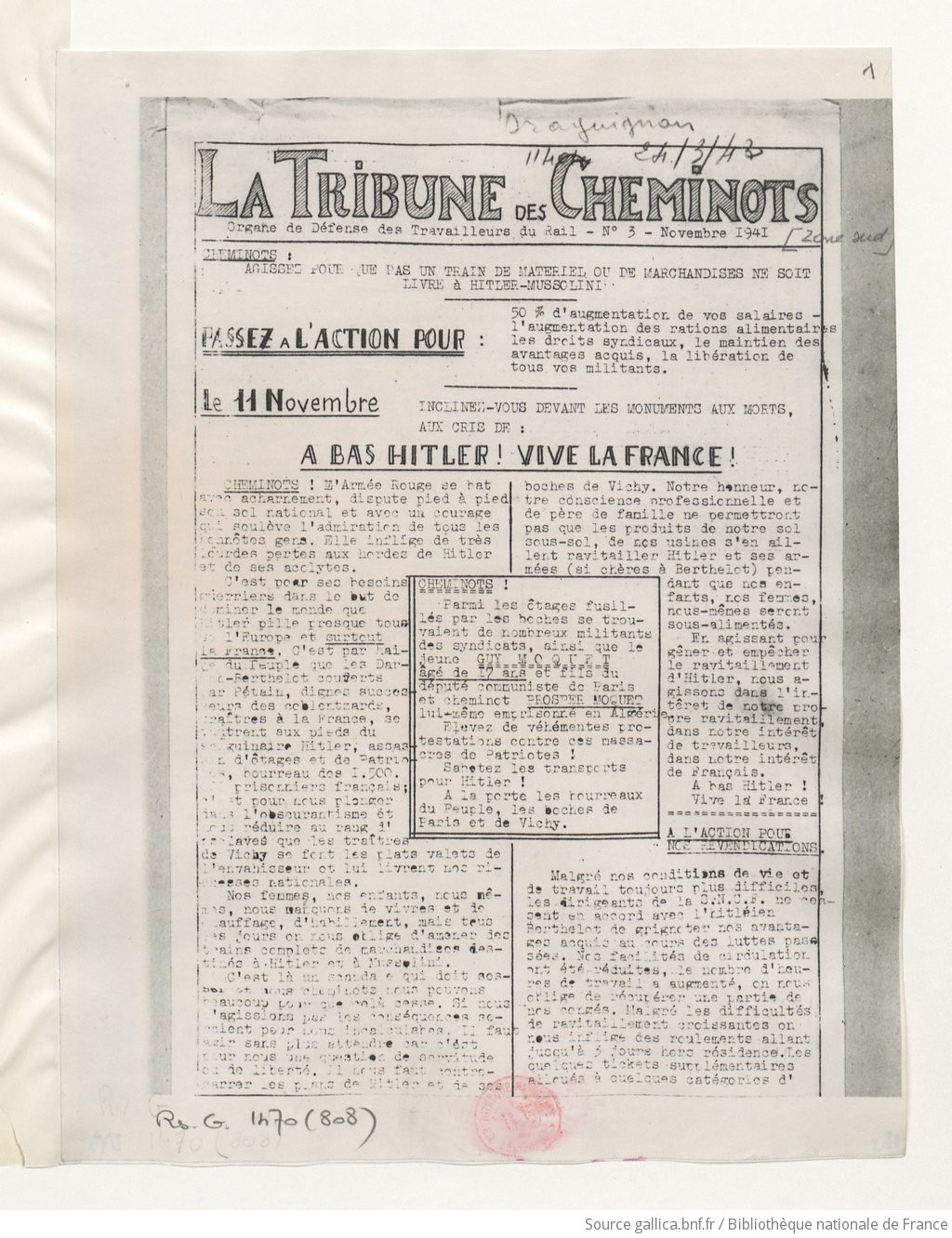 La Tribune des cheminots [clandestine], n°3, novembre 1941
