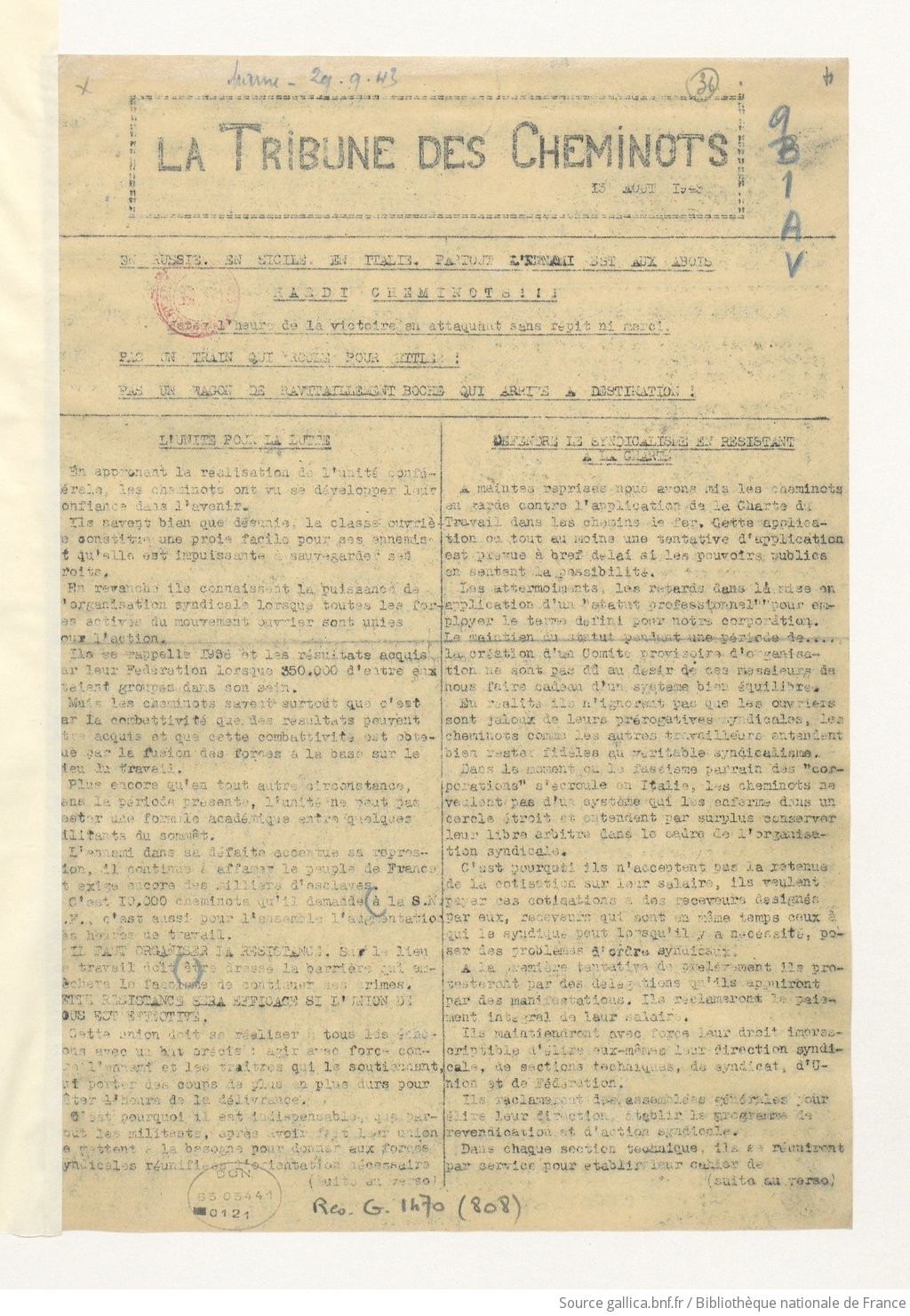 La Tribune des cheminots [clandestine], [sans numérotation], 15 août 1943