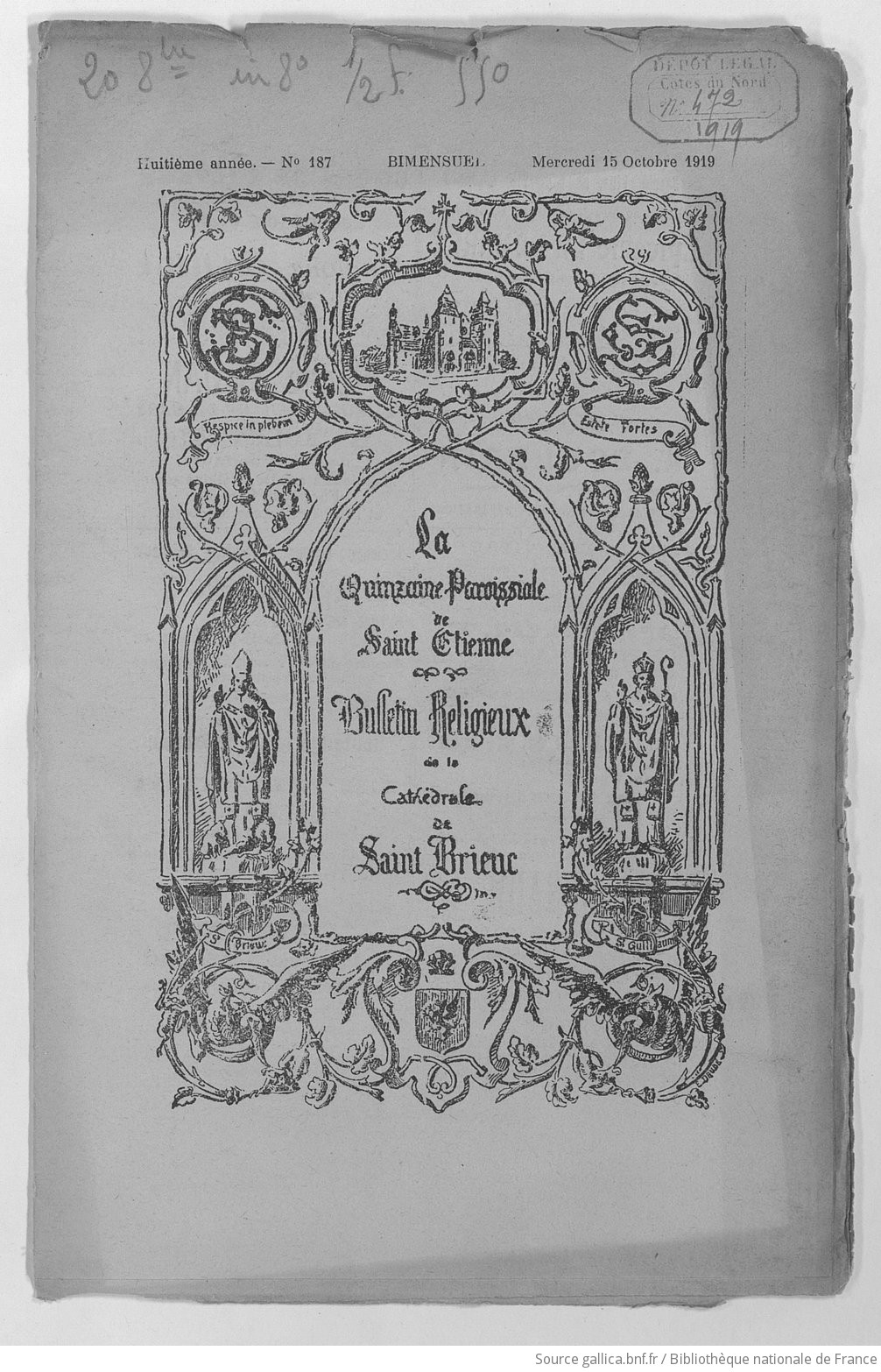 Bulletin paroissial de Saint-Brieuc -  paroisse de Saint-Étienne - mercredi 15 octobre 1919 | 
