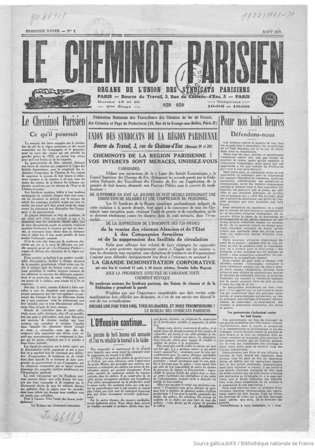 Le Cheminot parisien, 1ere année, n°1, août 1922