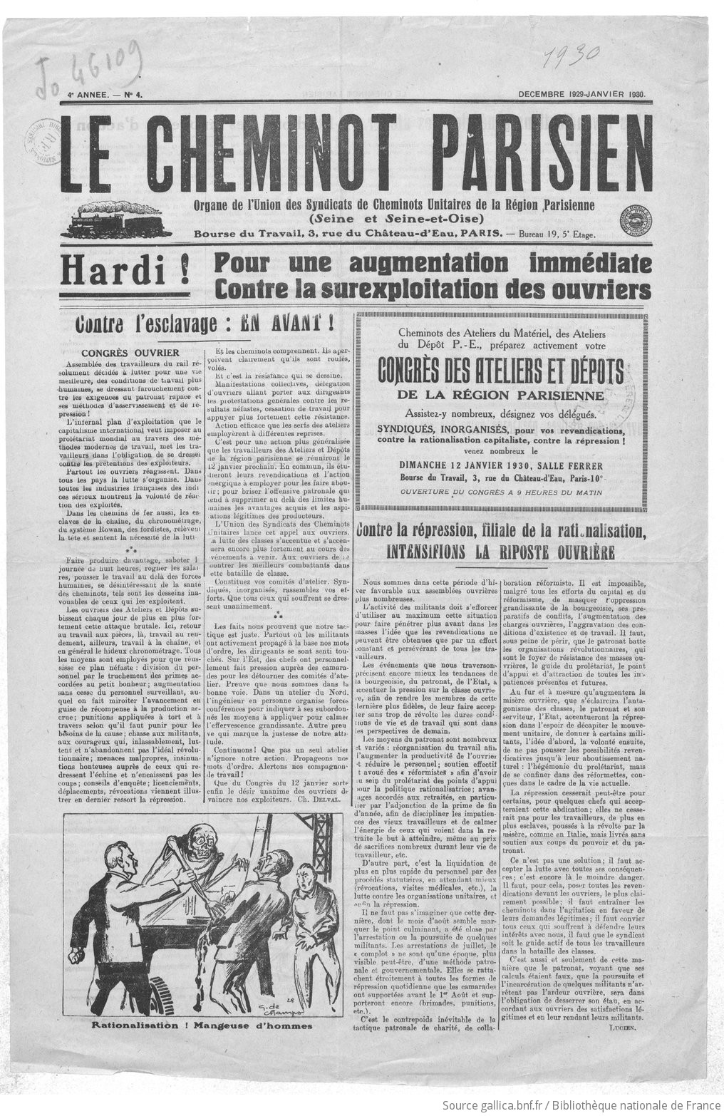 Le Cheminot parisien, 4e année, n°4, décembre 1929-janvier 1930