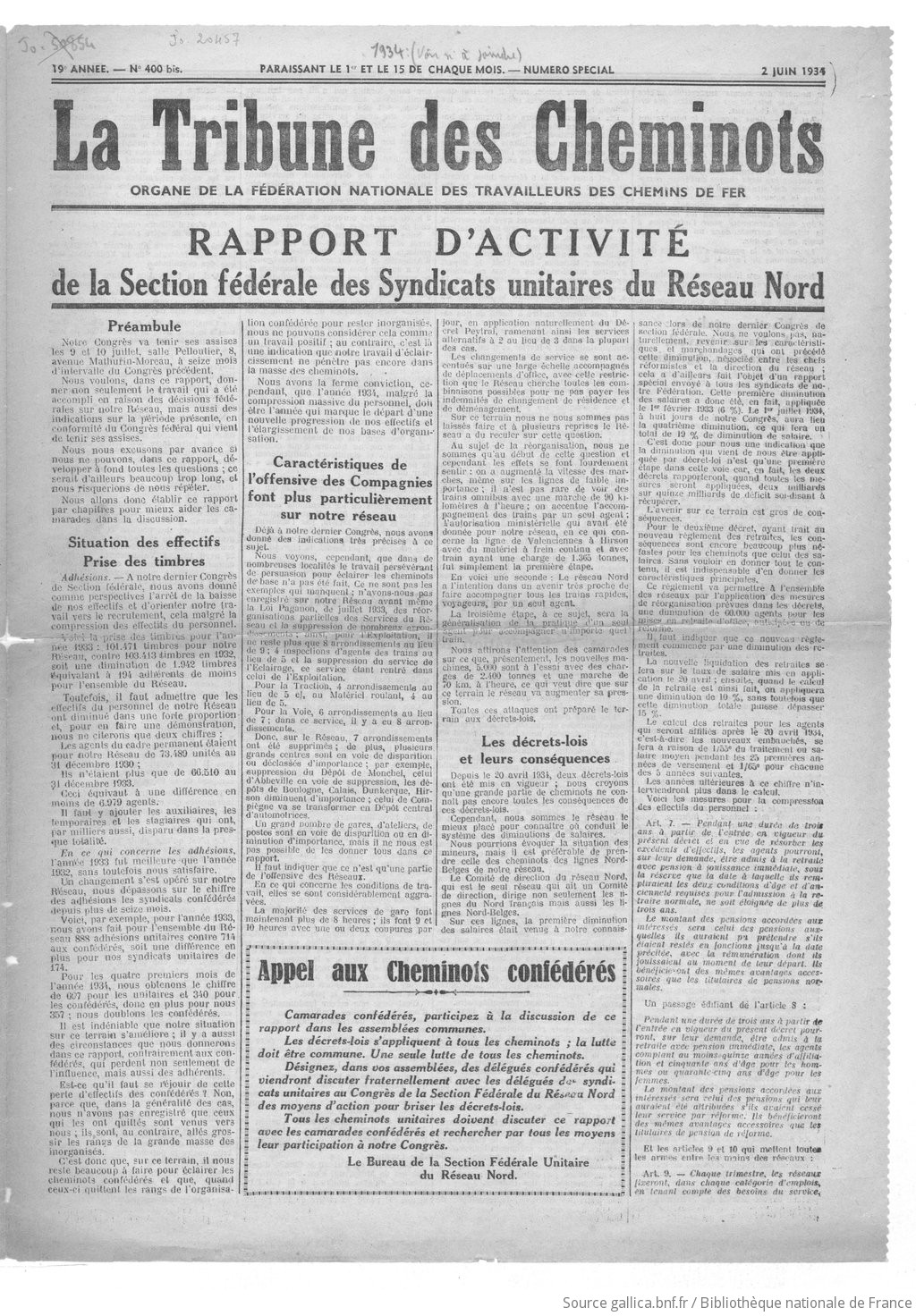 La Tribune des cheminots [unitaires], n° spécial 400 bis, 2 juin 1934
