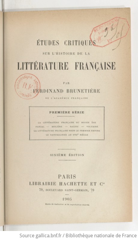 Tudes Critiques Sur L Histoire De La Litt Rature Fran Aise Premi Re