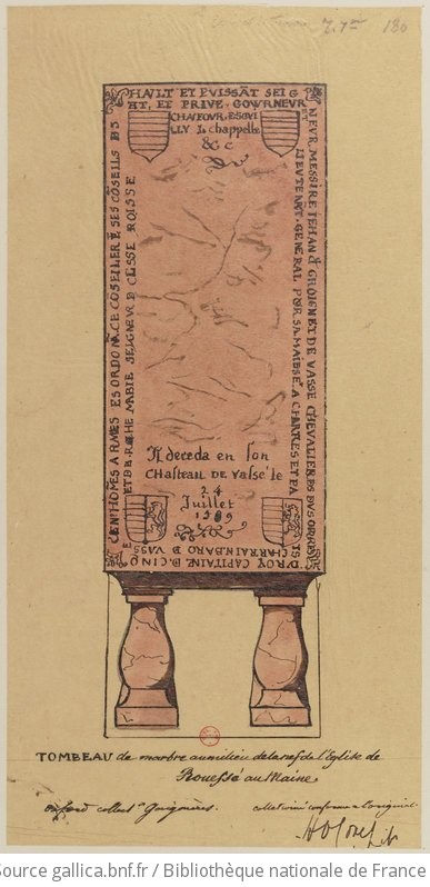 Tombeau de marbre gris élevé sur pieds et vu à plat sur lequel ont