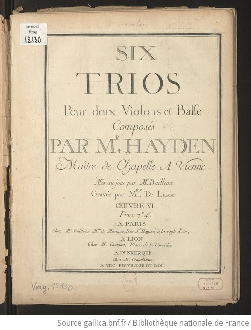 Six Trios Pour Deux Violons Et Basse Mis Au Jour Par M Bailleux